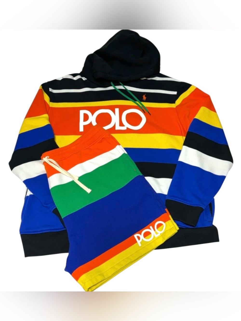 RARE Polo Ralph Lauren 2-Piece Fleece Sweatsuit Hoodie Shorts Striped READ